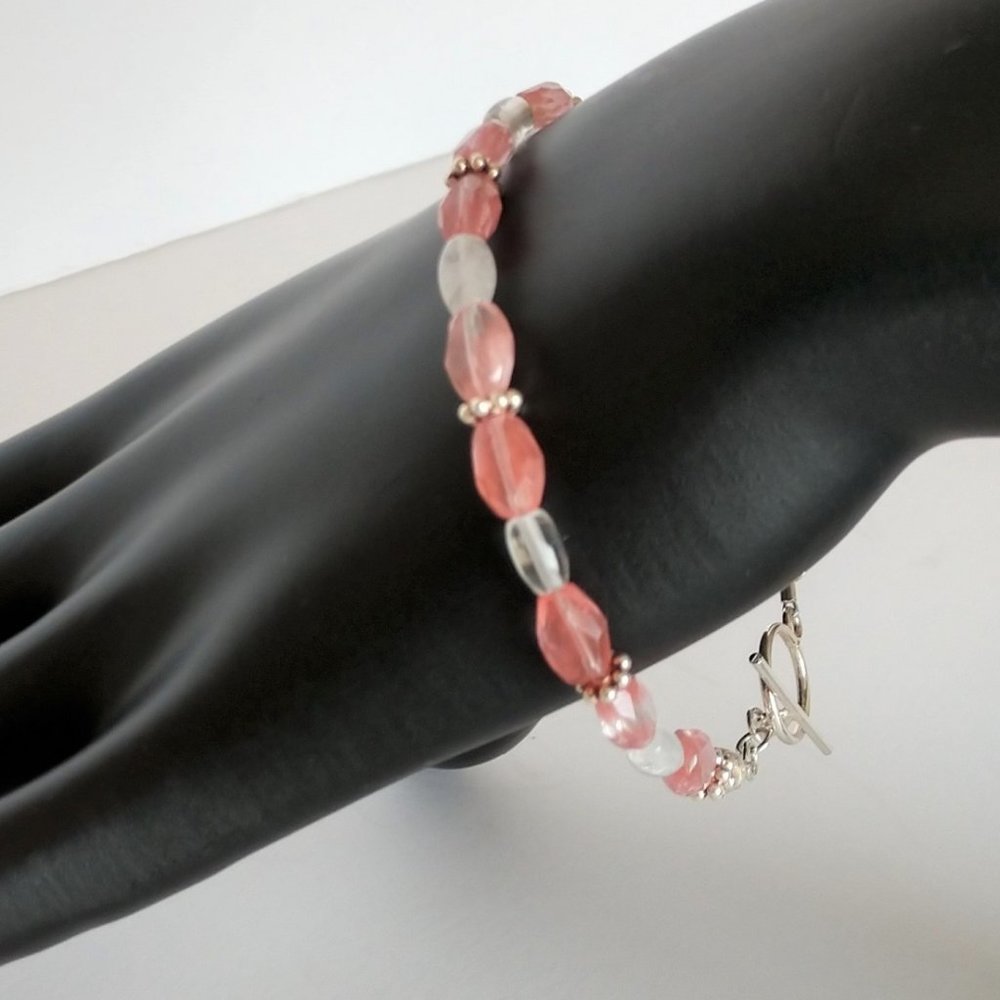 Coral Pink Bracelet With White Beads Handmade 8 inches